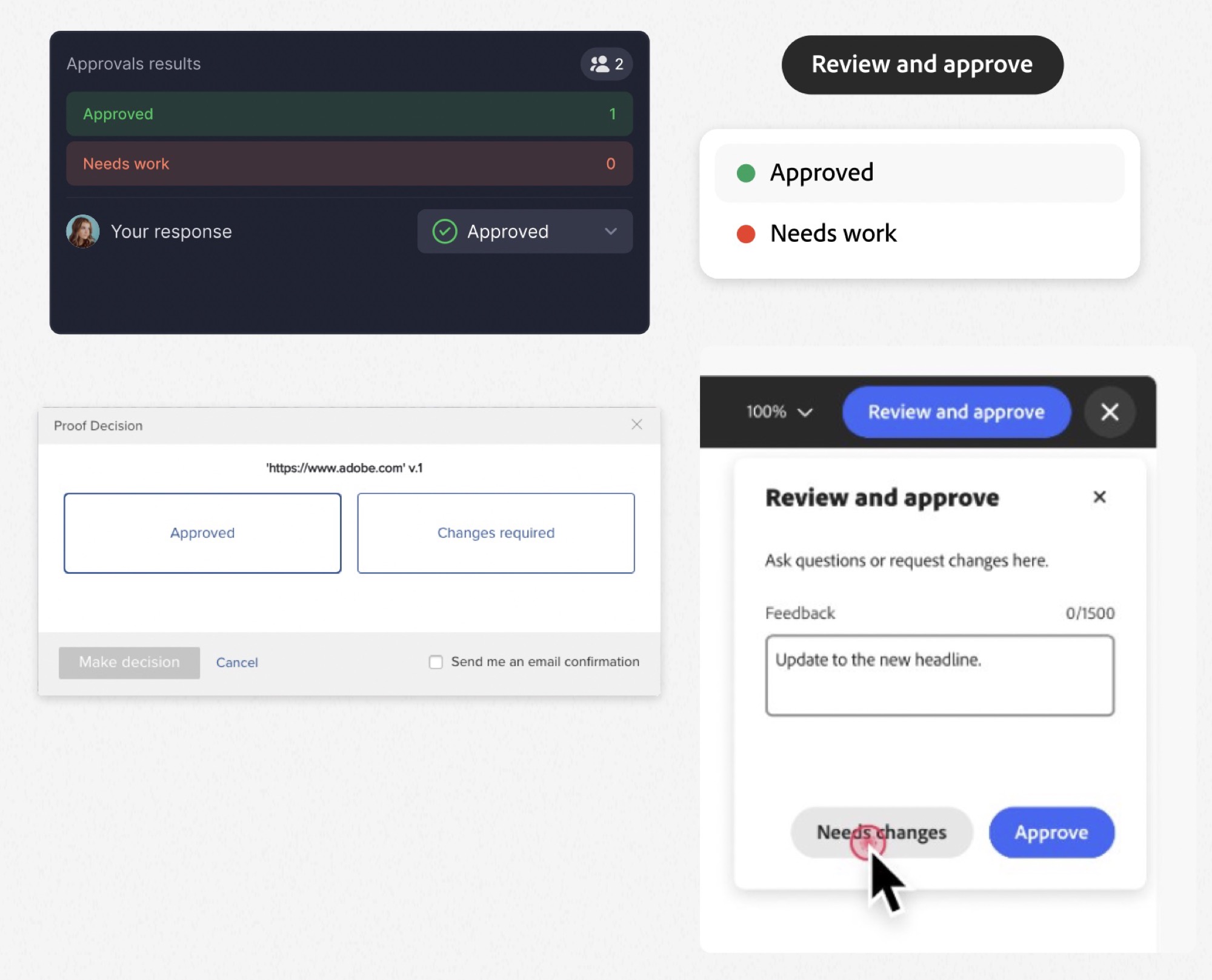 Approval decision screens from different products, each with different layouts, terminology and patterns.