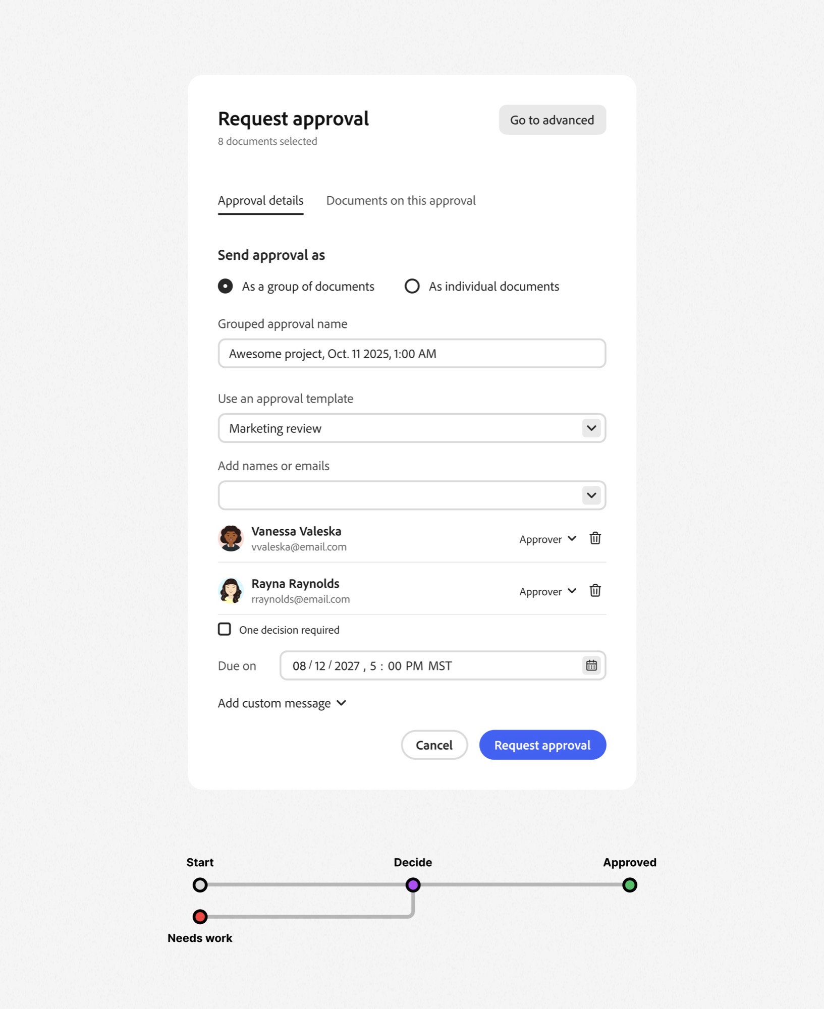 The basic request approval form for a single-stage approval.