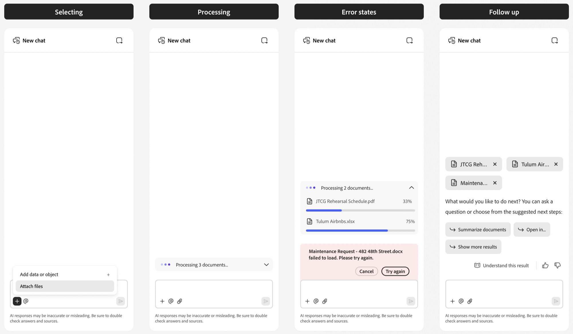Four states of an AI chat for uploading documents: selecting, processing, error states and follow up.