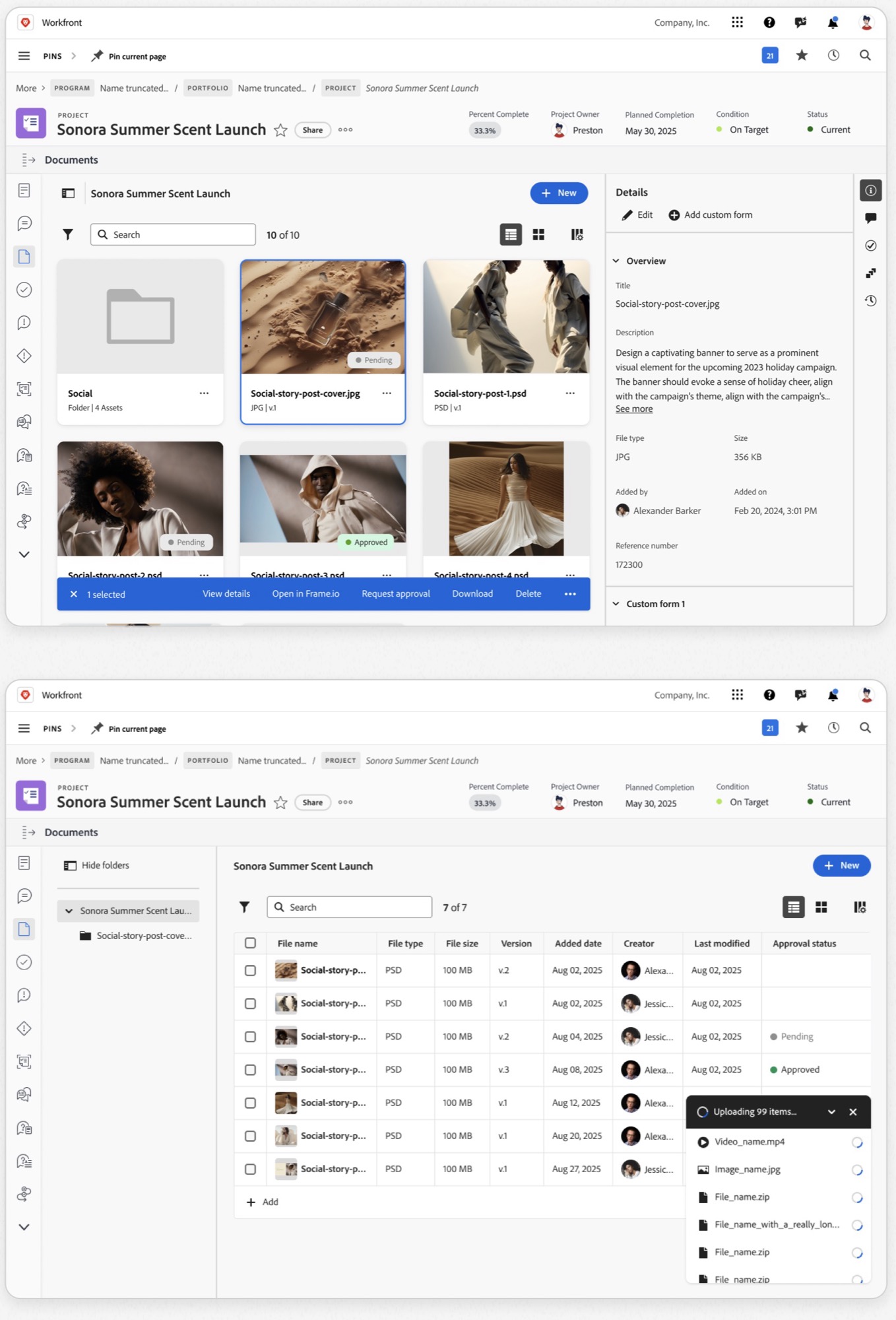 The documents grid with a details rail, and the list view with an upload drawer.