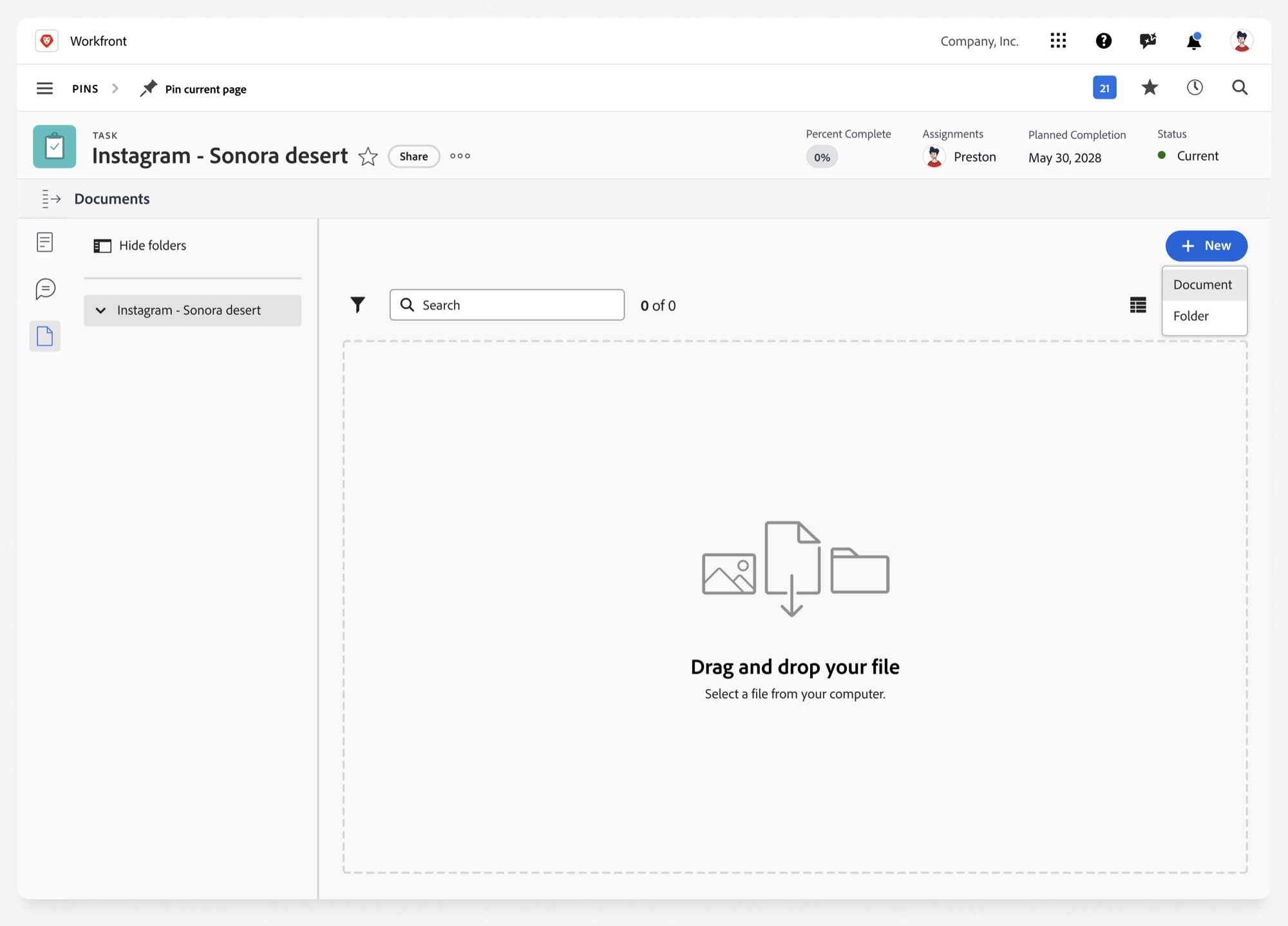 Prototype of upload access, with a drag and drop upload area on a task.