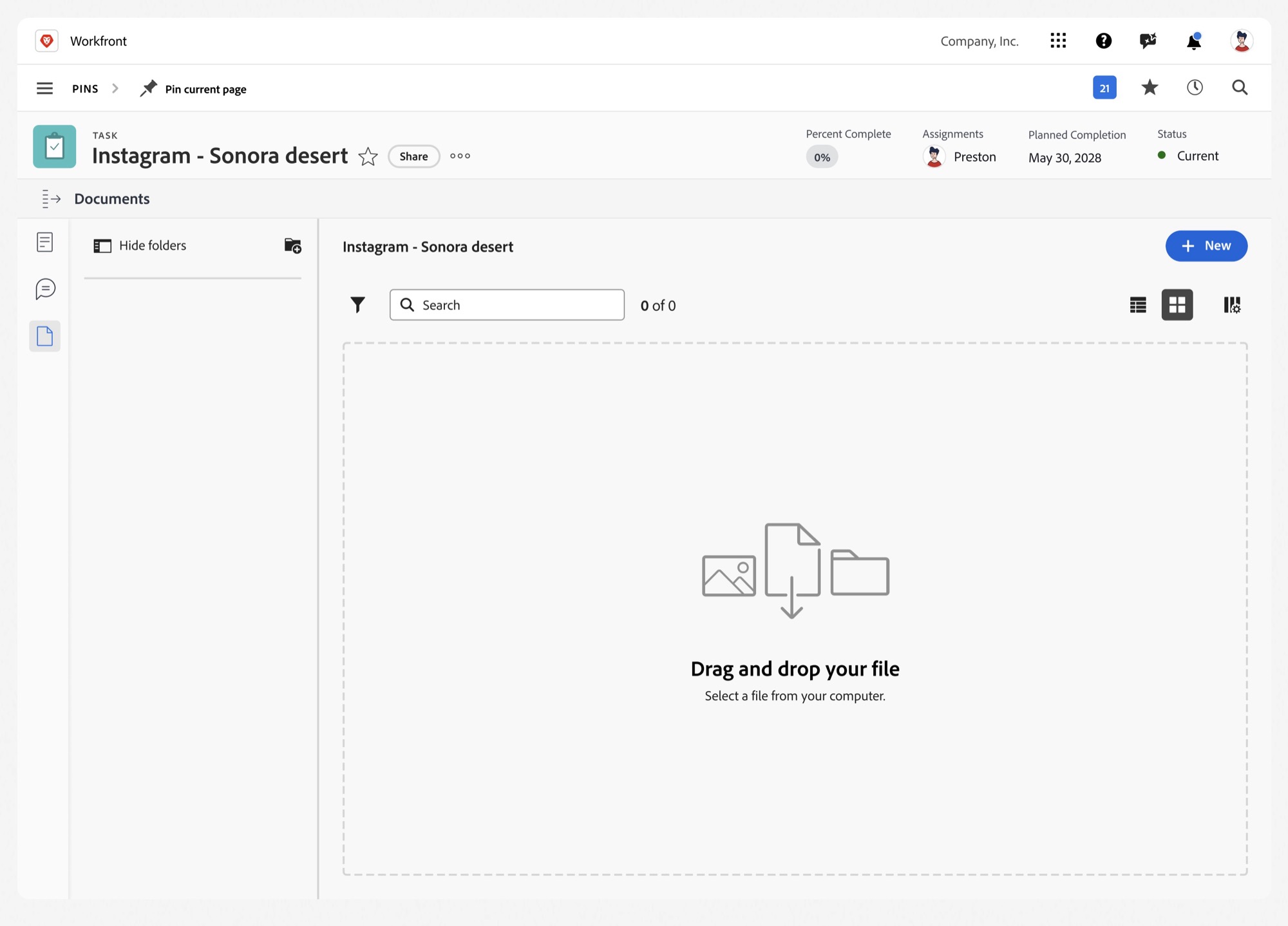 Prototype of folder permissions, with a drag and drop upload area on a task.