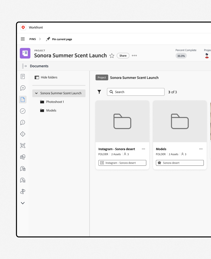 Folders inside a Workfront project, set up with folder-level permissions.